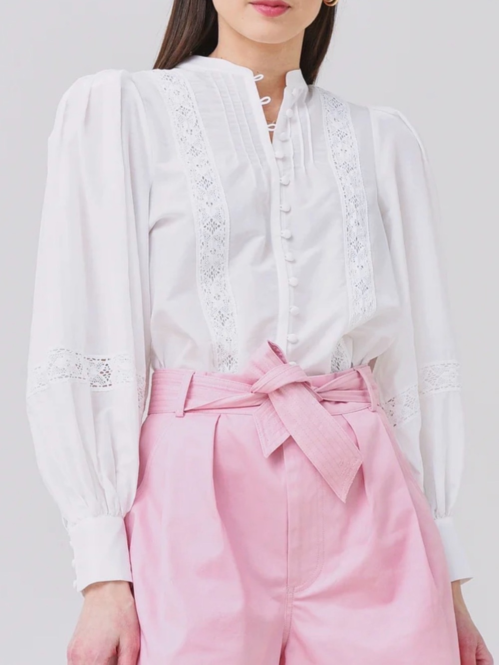 Hunter Bell Size M • White Lace Long Puff Sleeve Silk Blend Cottage Core.